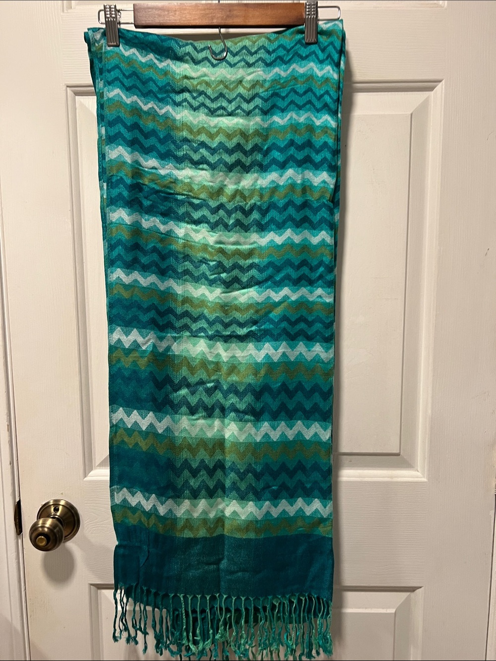 Teal Chevron Fringe Scarf - Unbranded